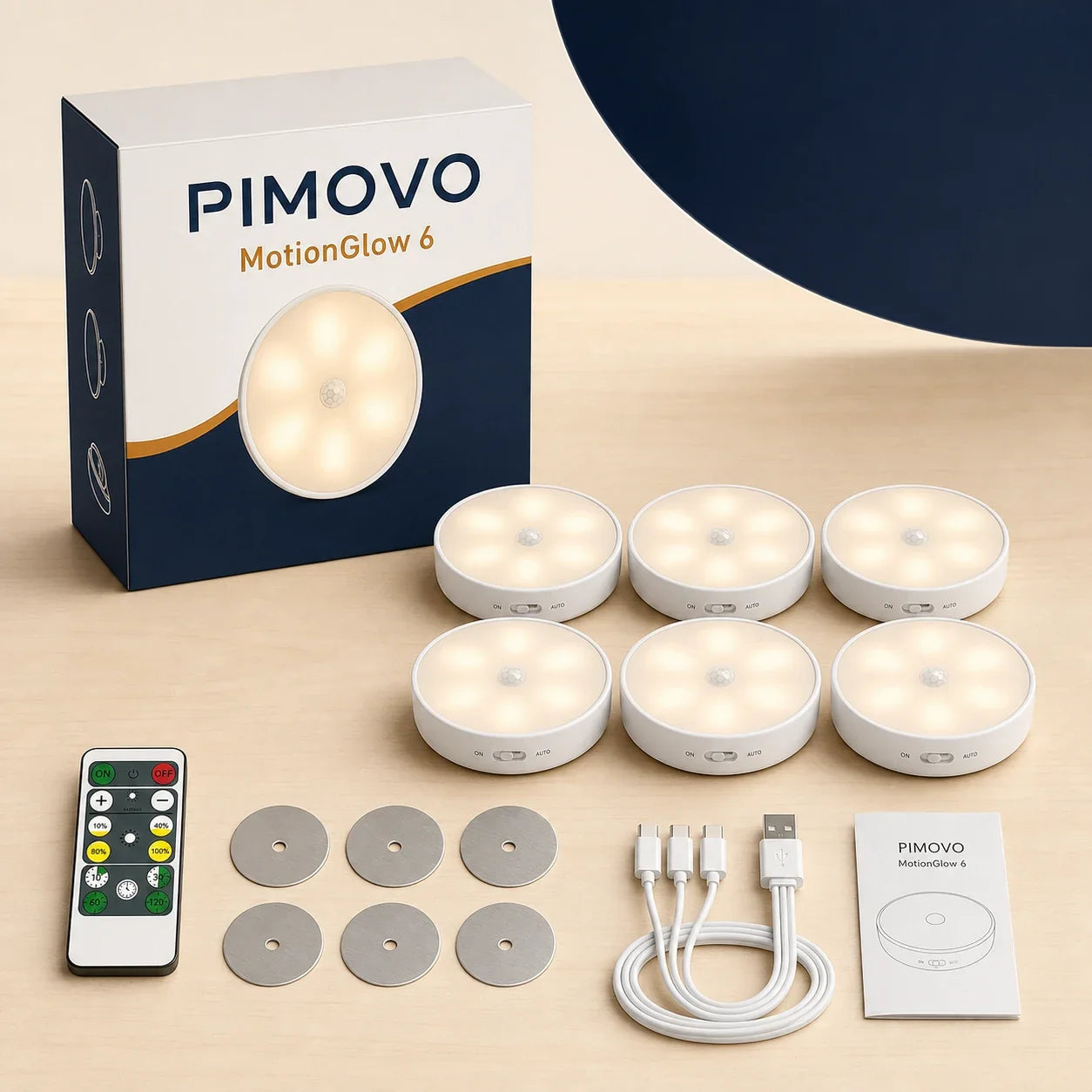 PIMOVO MotionGlow 6 -valosetti ja pakkauksen sisältö