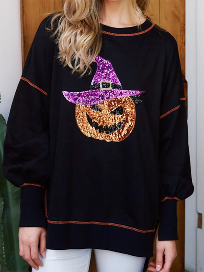 Halloween-genser med paljetter, gresskar og trollkvinne for kvinner
