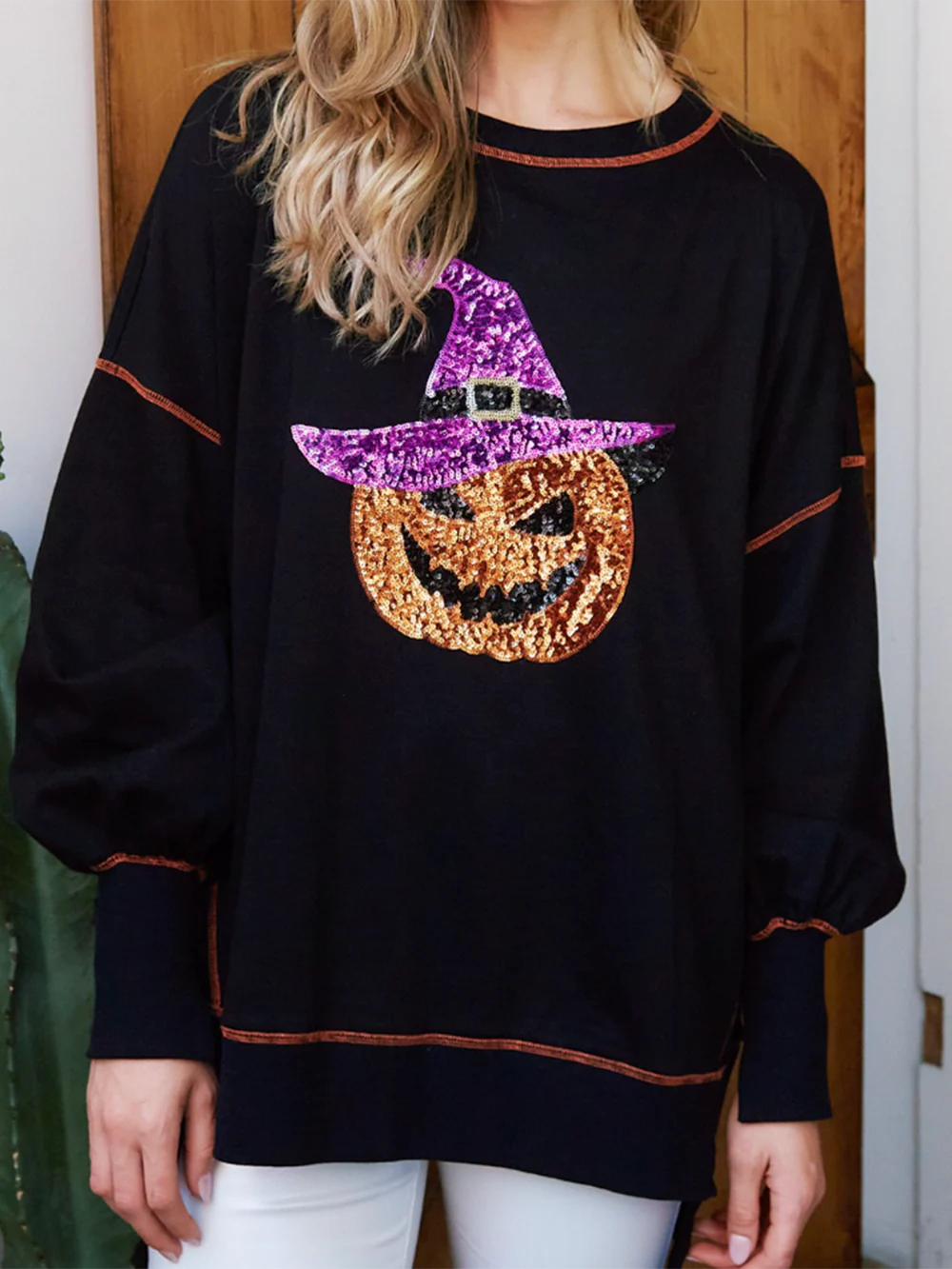 Halloween-genser med paljetter, gresskar og trollkvinne for kvinner