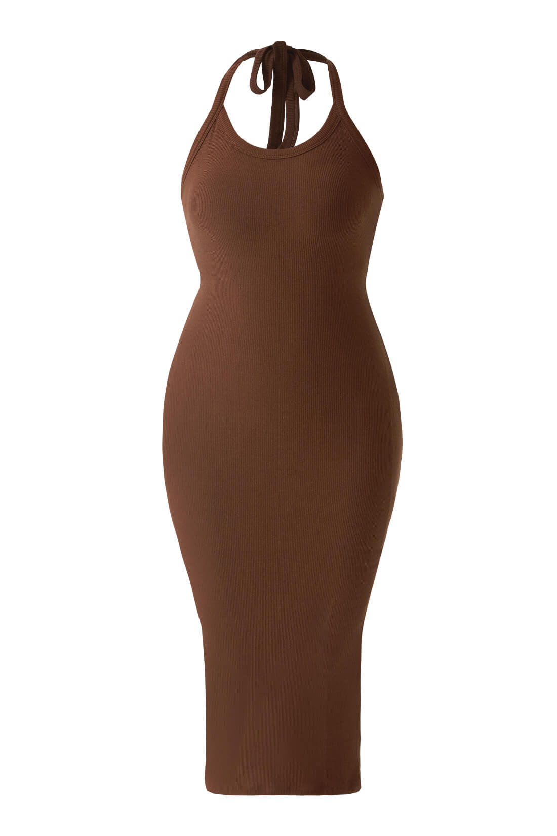 Ryggløs kjole med drapert hals og stropper med innebygd shapewear
