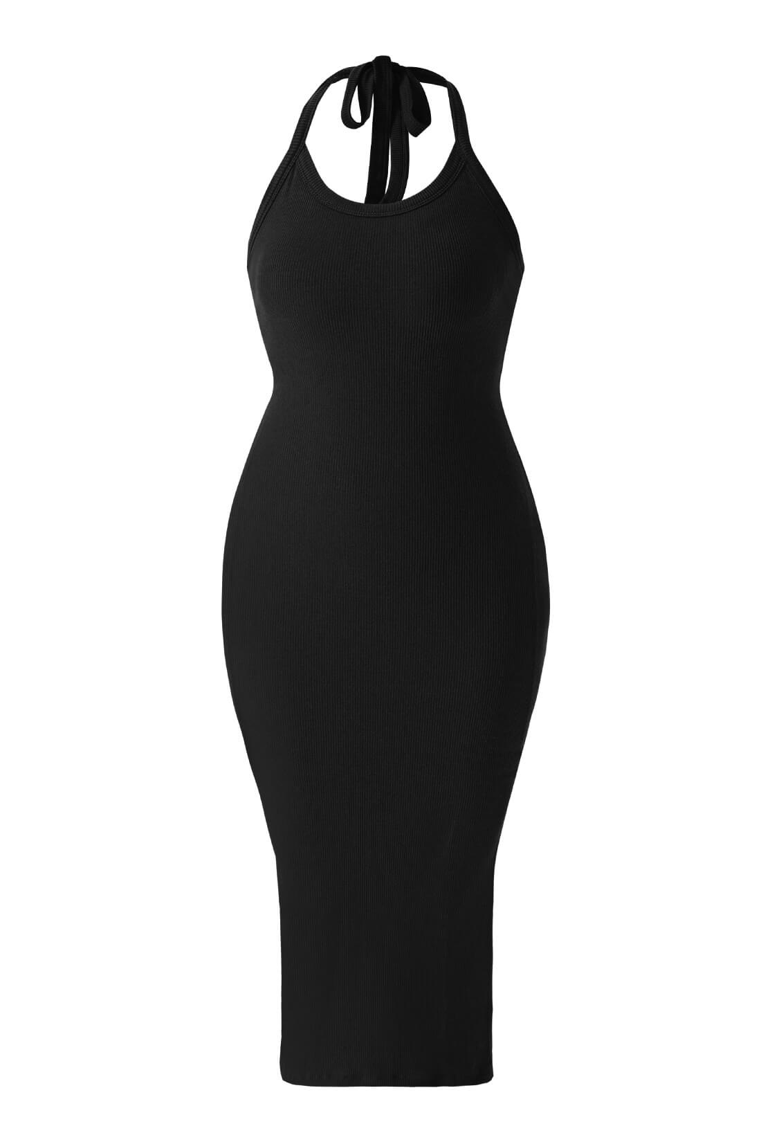 Ryggløs kjole med drapert hals og stropper med innebygd shapewear