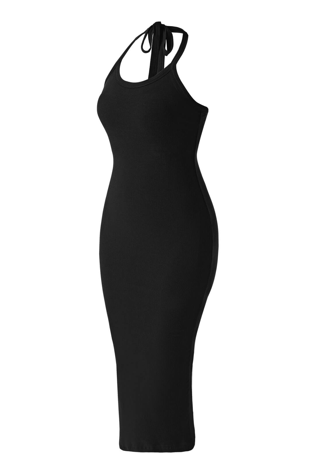 Ryggløs kjole med drapert hals og stropper med innebygd shapewear
