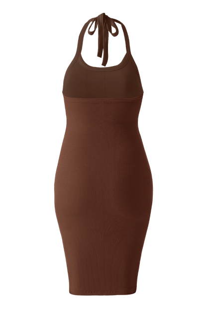Ryggløs minikjole med drapert hals og stropper med innebygd shapewear