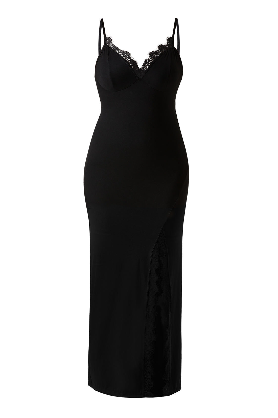 Maxikjole i blonder med splitt og underkjolefasong, med innebygd shapewear