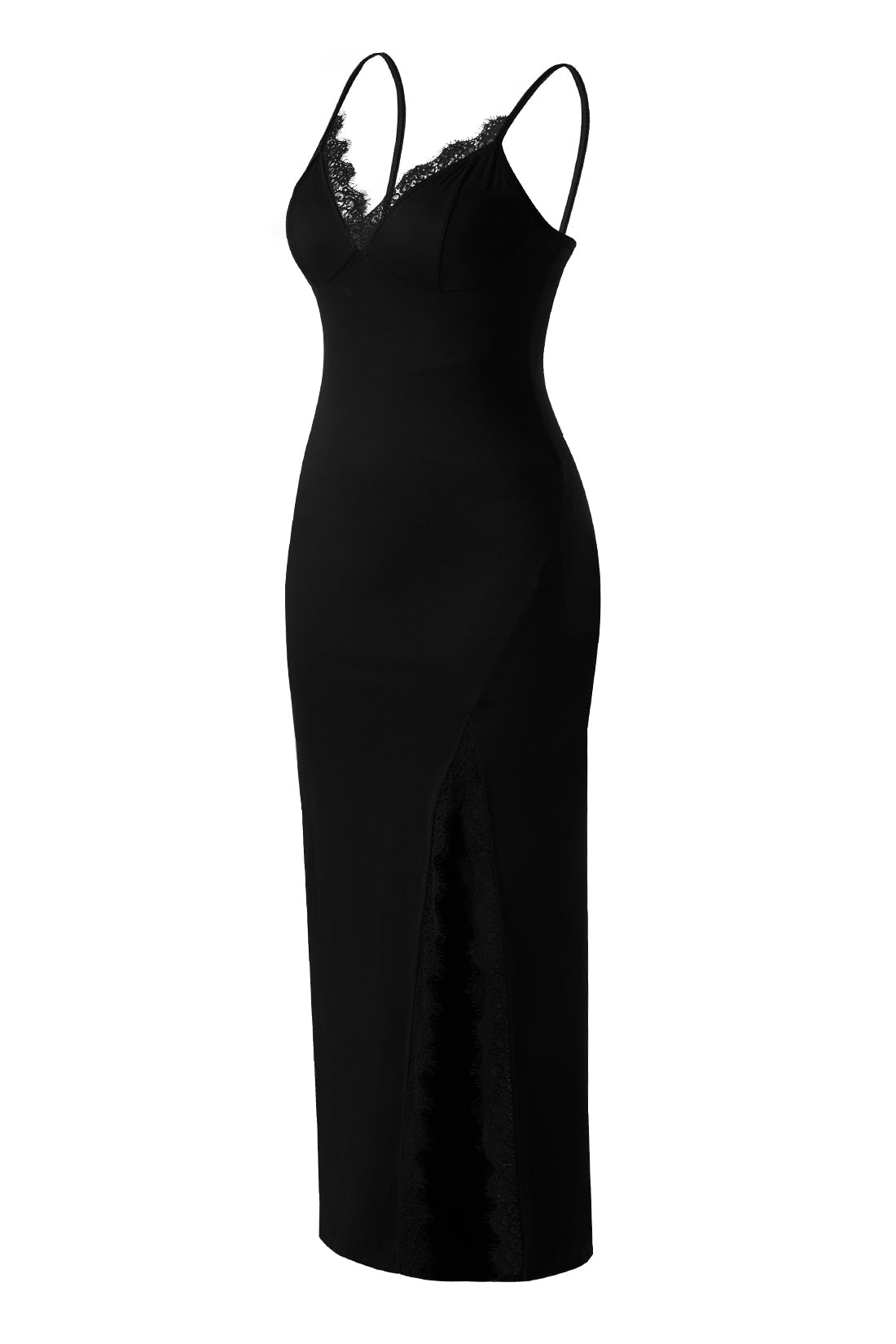 Maxikjole i blonder med splitt og underkjolefasong, med innebygd shapewear