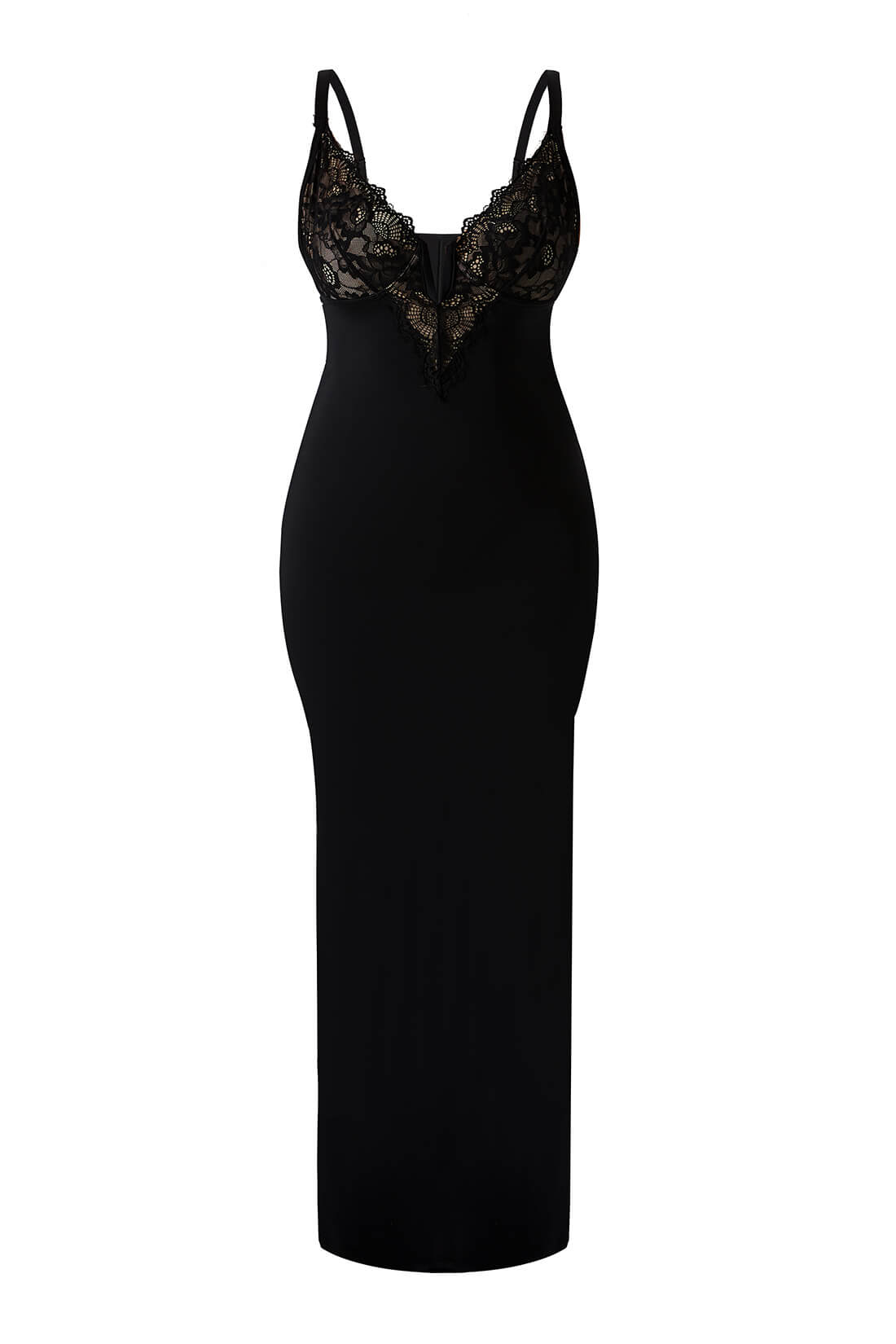 Maxikjole i blonder med dyp V-utringning og innebygd shapewear