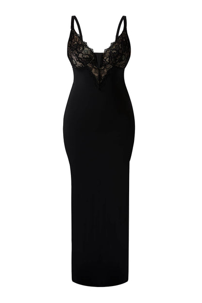 Maxikjole i blonder med dyp V-utringning og innebygd shapewear