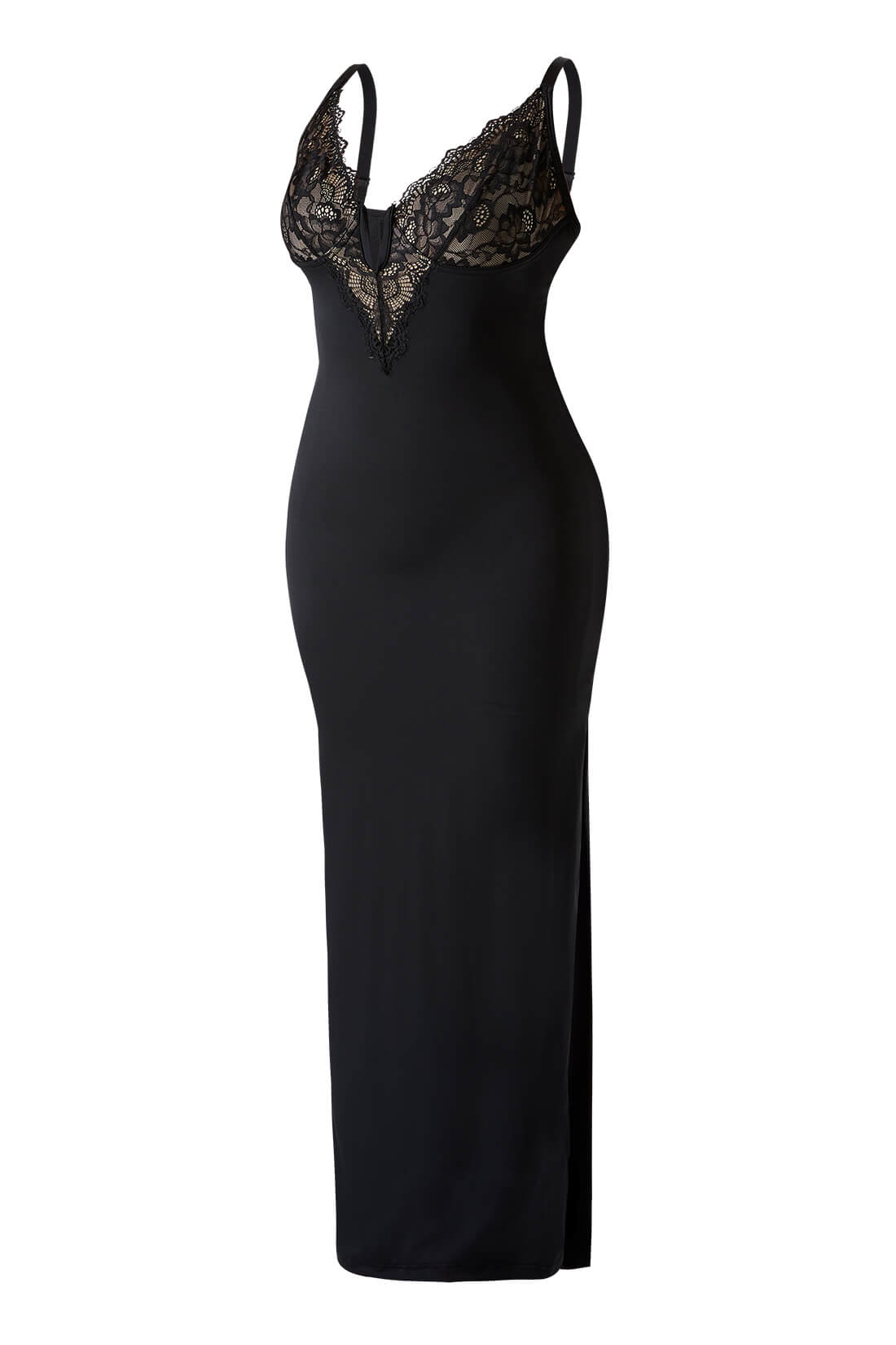 Maxikjole i blonder med dyp V-utringning og innebygd shapewear