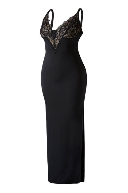 Maxikjole i blonder med dyp V-utringning og innebygd shapewear
