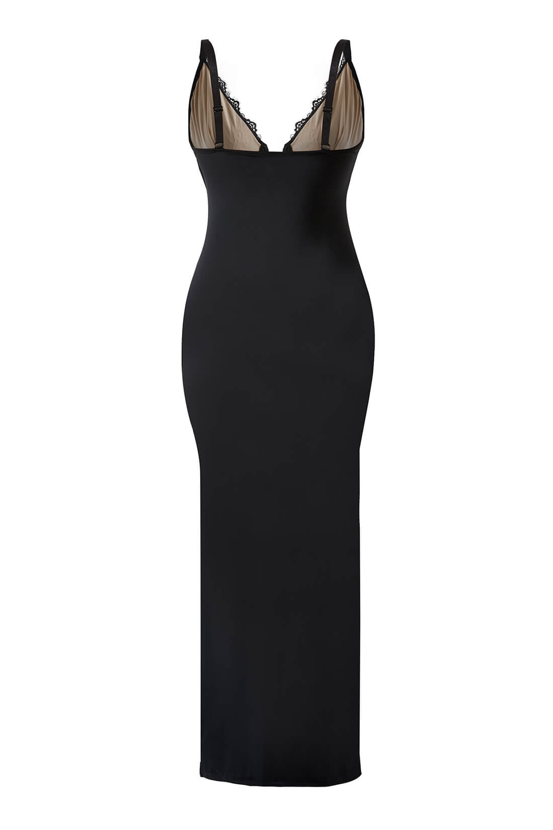 Maxikjole i blonder med dyp V-utringning og innebygd shapewear