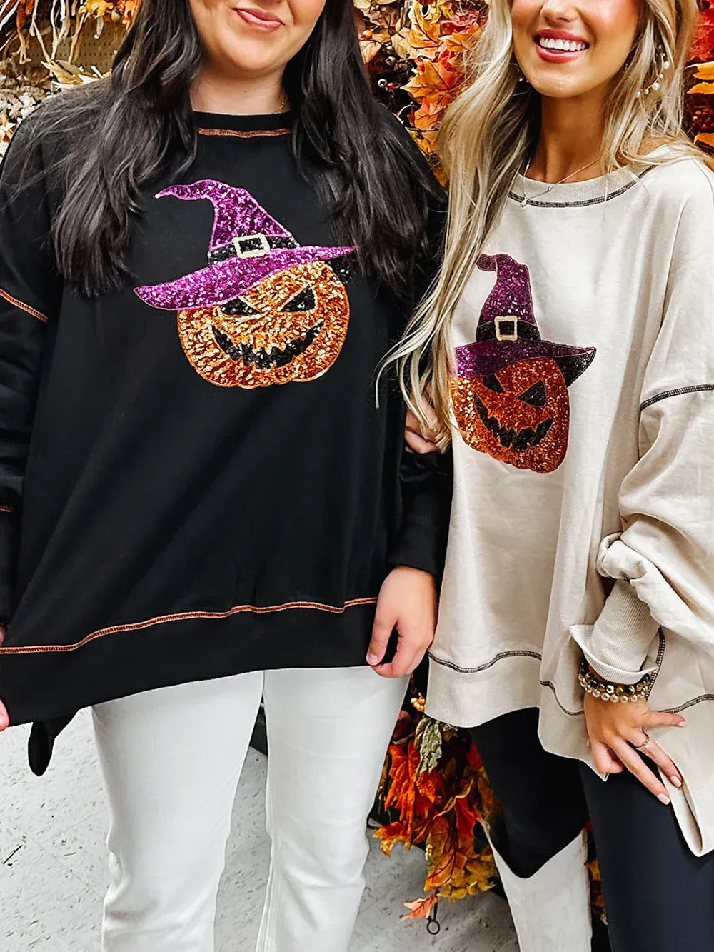 Halloween-genser med paljetter, gresskar og trollkvinne for kvinner