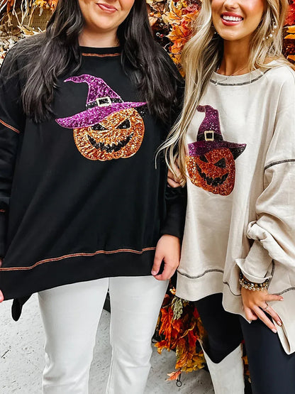 Halloween-genser med paljetter, gresskar og trollkvinne for kvinner