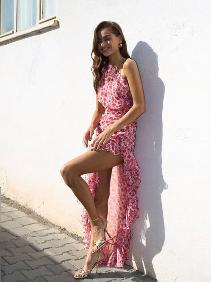 Blomstret kjole med bare skuldre