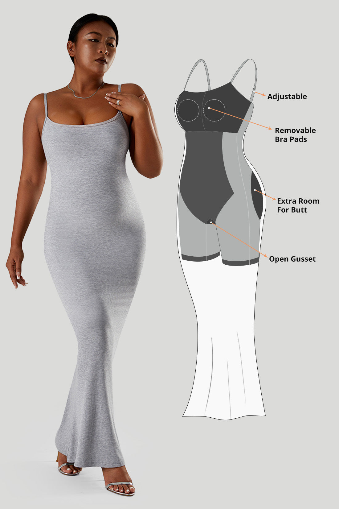 Kjole med spaghettistropper og innebygd shapewear
