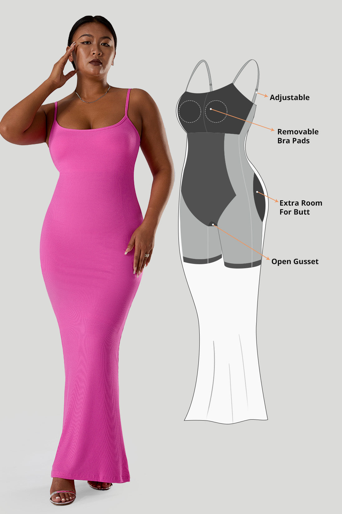 Kjole med spaghettistropper og innebygd shapewear
