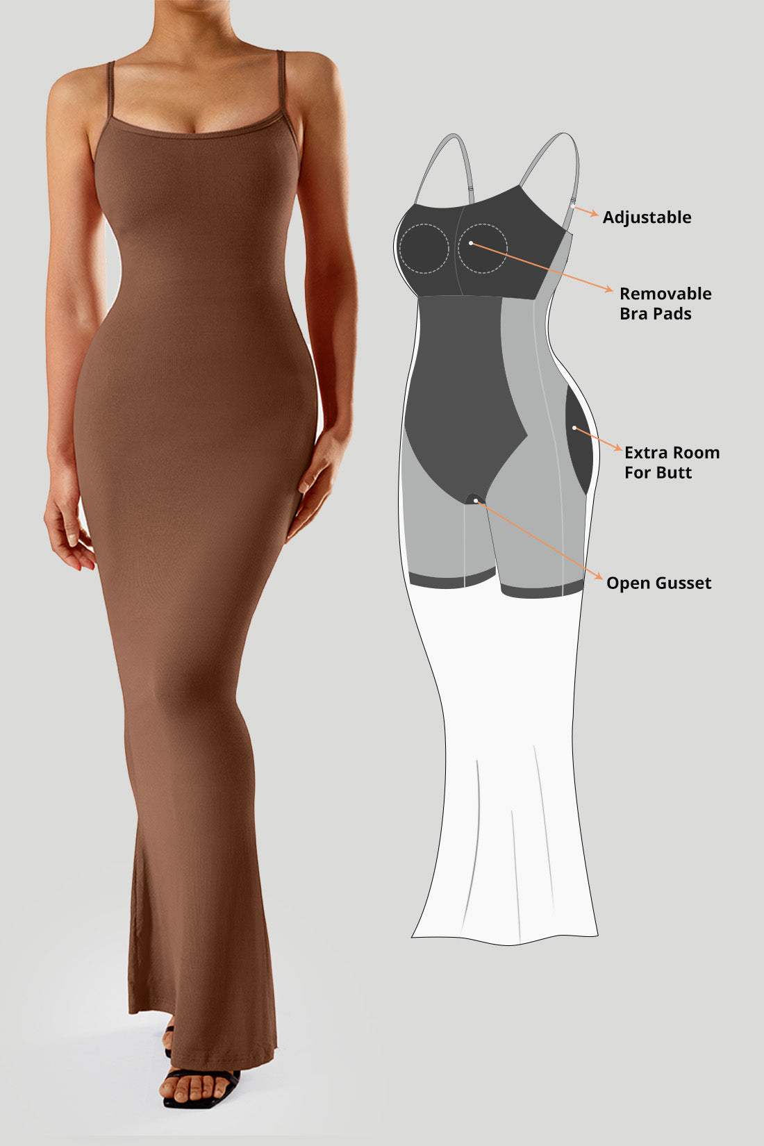 Kjole med spaghettistropper og innebygd shapewear
