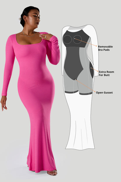 Ensfarget kjole med lange ermer og innebygd shapewear