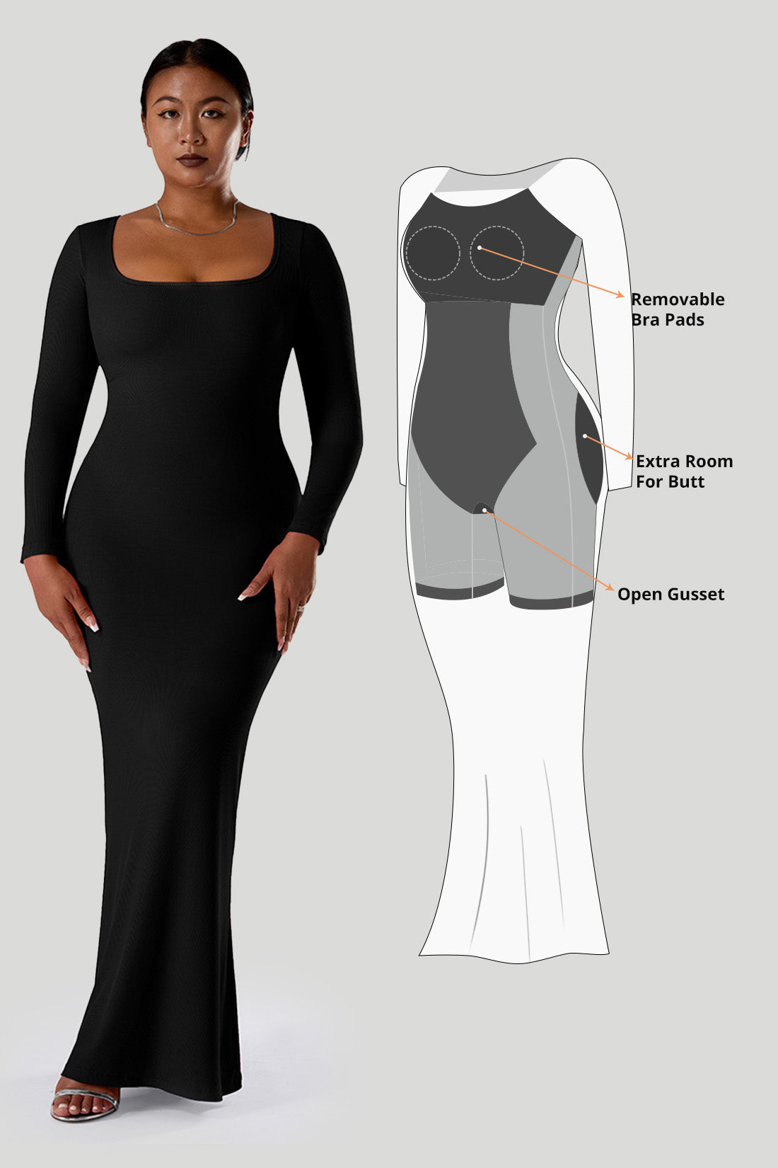 Ensfarget kjole med lange ermer og innebygd shapewear