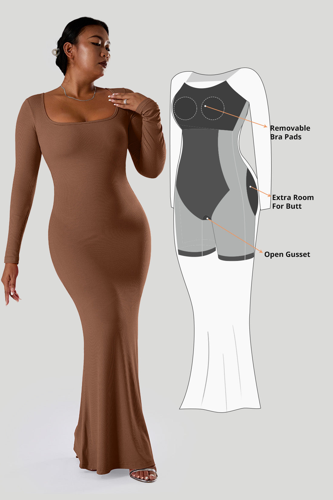 Ensfarget kjole med lange ermer og innebygd shapewear