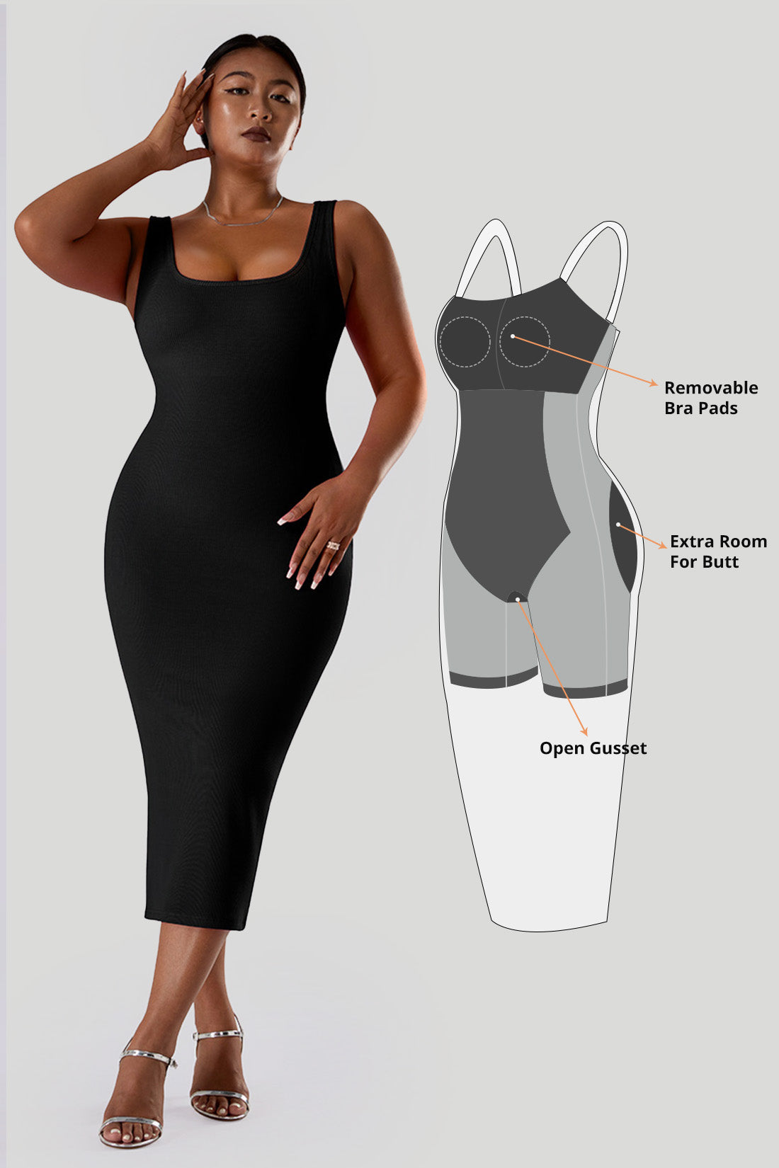 Ensfarget ermeløs kjole med innebygd shapewear
