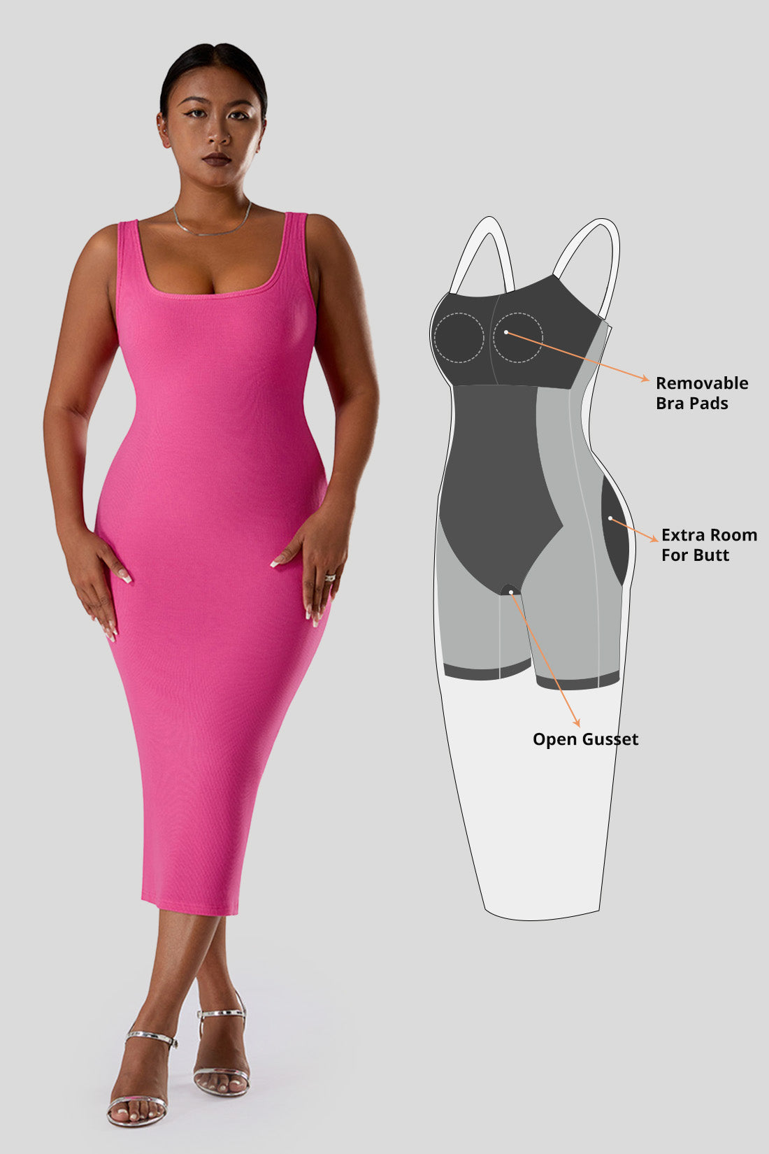 Ensfarget ermeløs kjole med innebygd shapewear