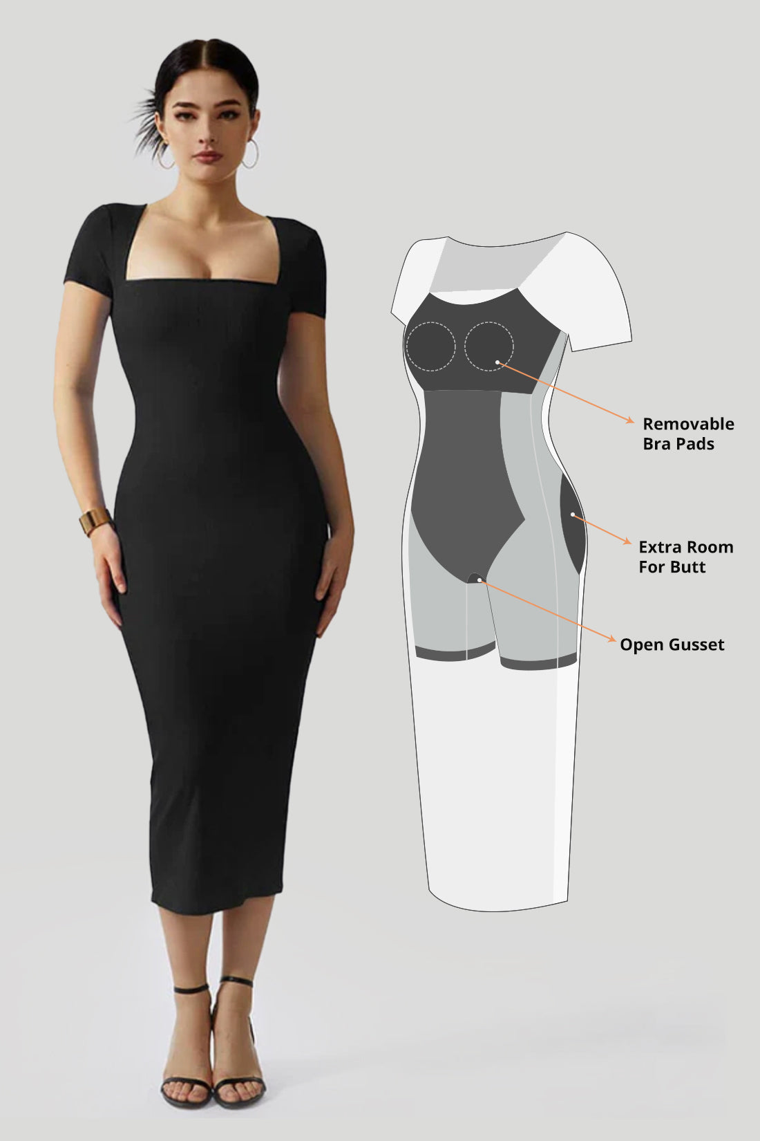Kjole med Queen Anne-utringning og innebygd shapewear