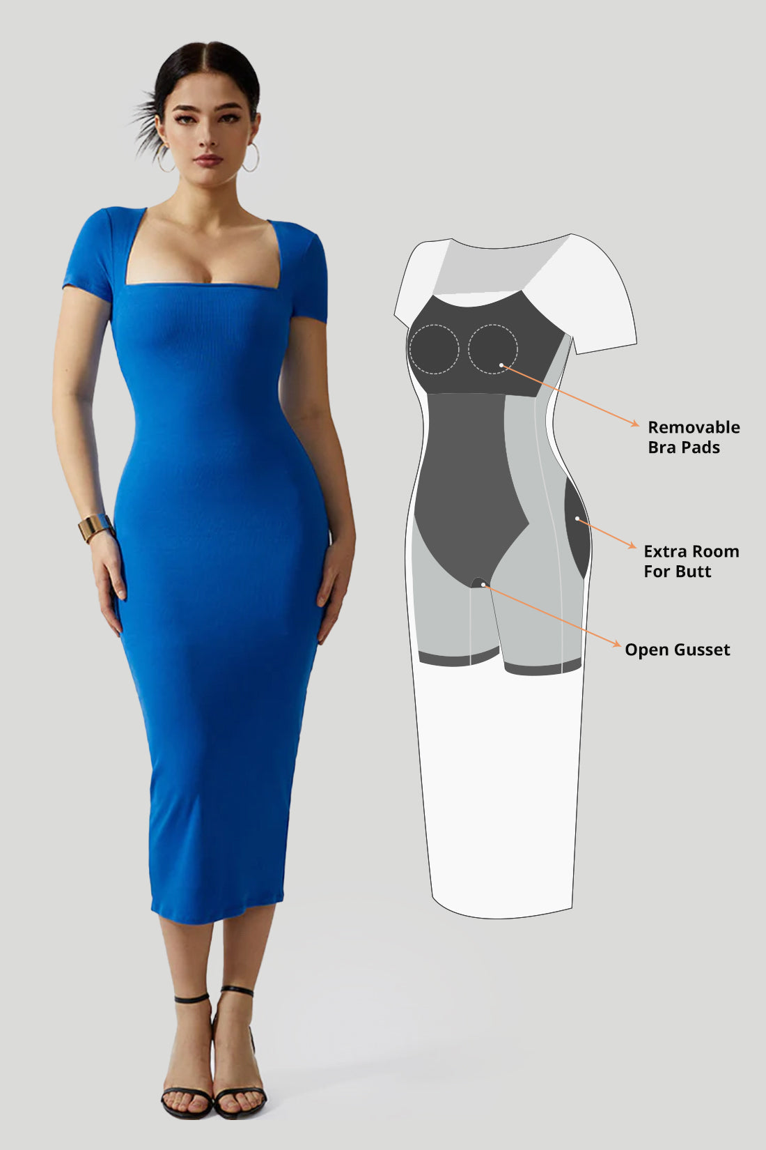 Kjole med Queen Anne-utringning og innebygd shapewear