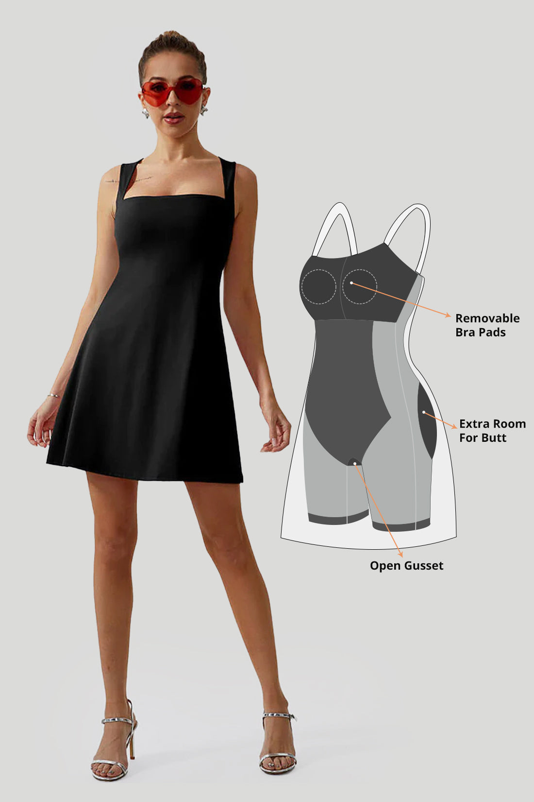 Minikjole med firkantet utringning og innebygd shapewear