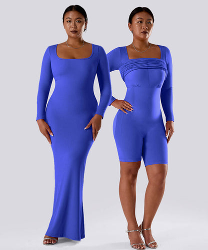 Ensfarget kjole med lange ermer og innebygd shapewear