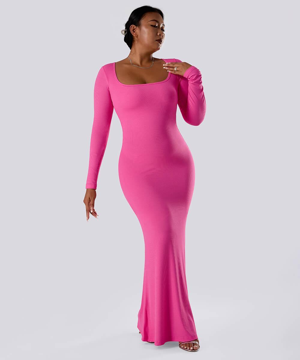 Ensfarget kjole med lange ermer og innebygd shapewear