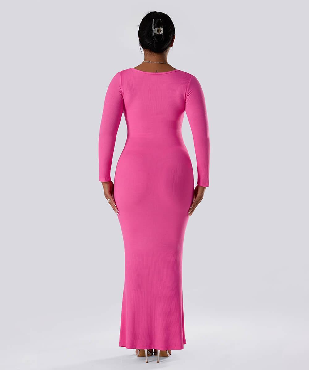 Ensfarget kjole med lange ermer og innebygd shapewear