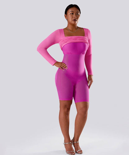 Ensfarget kjole med lange ermer og innebygd shapewear