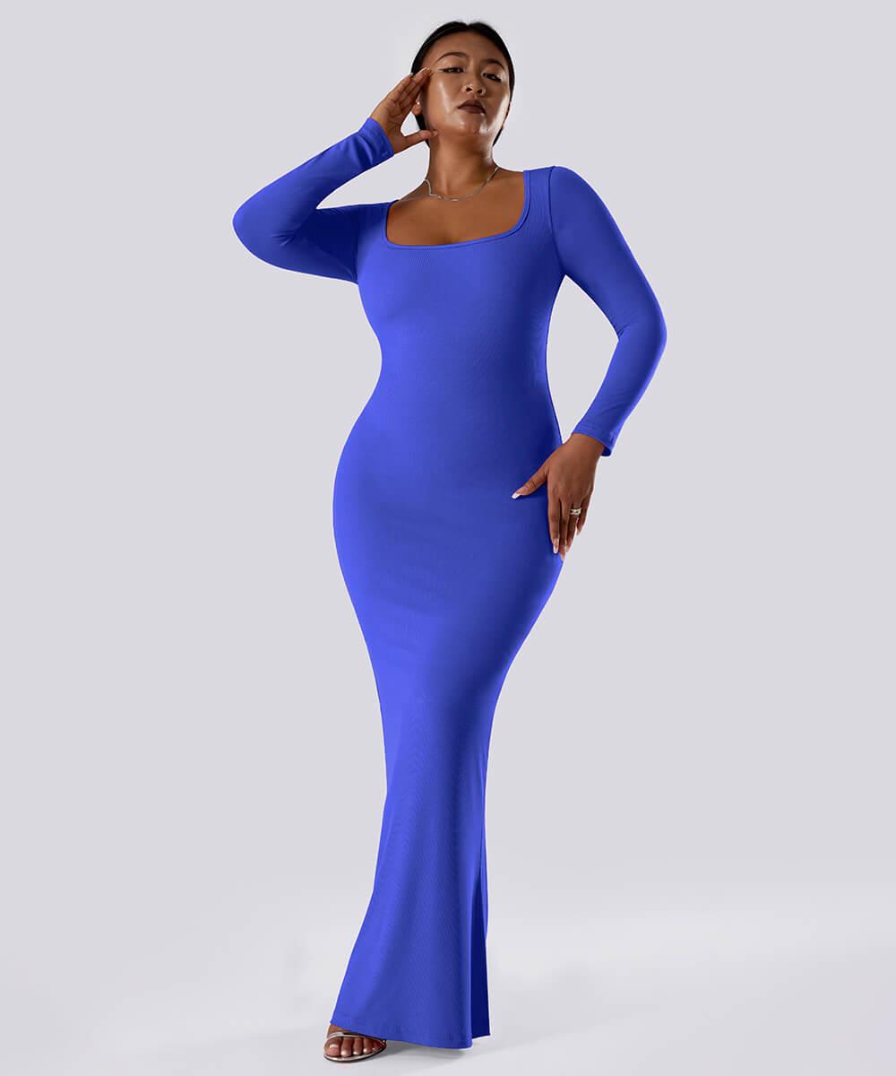 Ensfarget kjole med lange ermer og innebygd shapewear