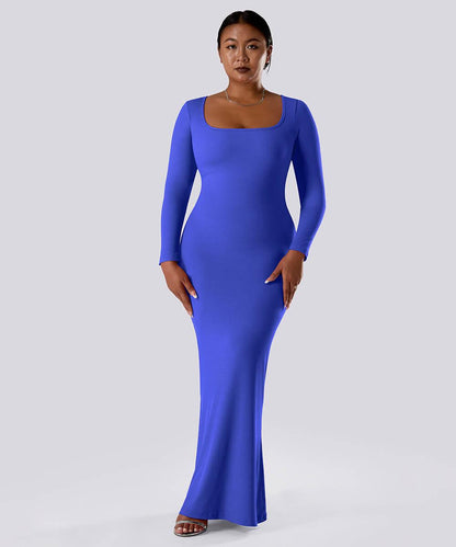 Ensfarget kjole med lange ermer og innebygd shapewear