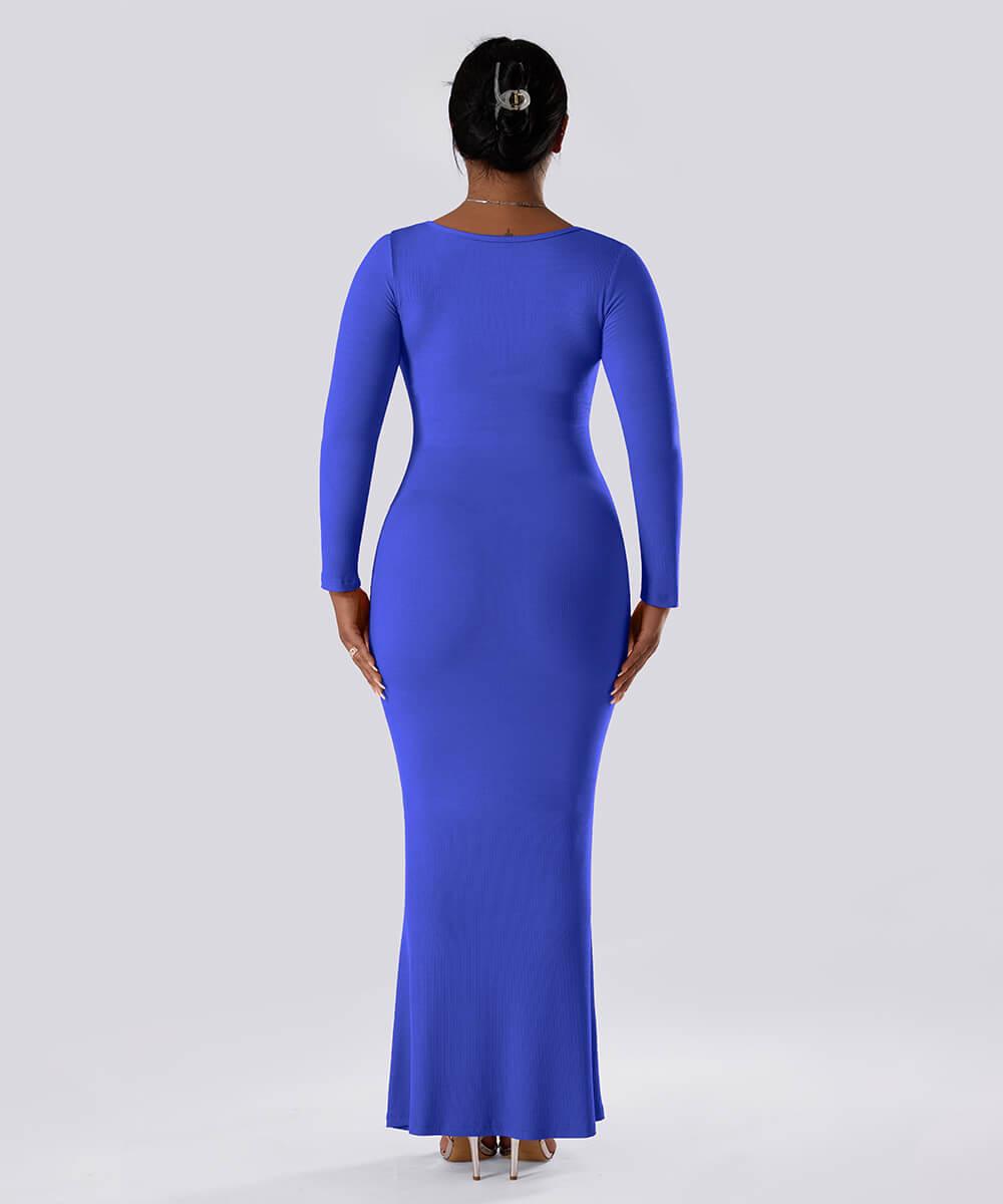 Ensfarget kjole med lange ermer og innebygd shapewear