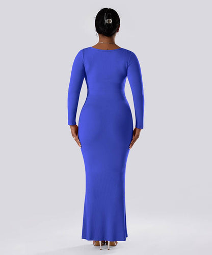 Ensfarget kjole med lange ermer og innebygd shapewear