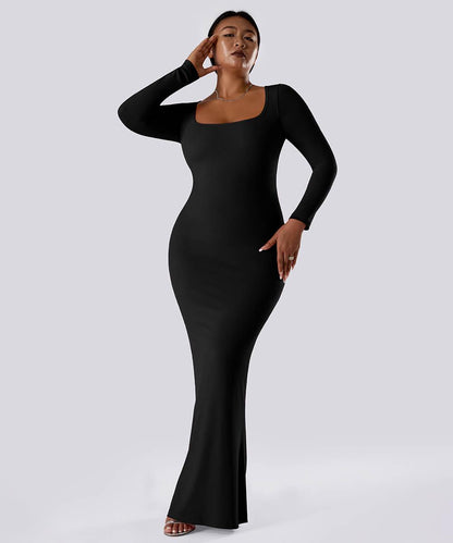 Ensfarget kjole med lange ermer og innebygd shapewear