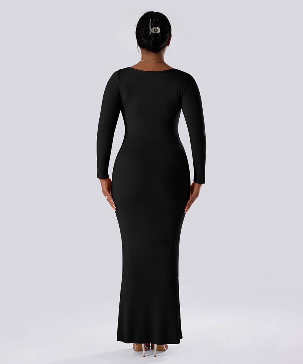 Ensfarget kjole med lange ermer og innebygd shapewear