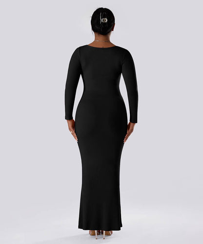 Ensfarget kjole med lange ermer og innebygd shapewear