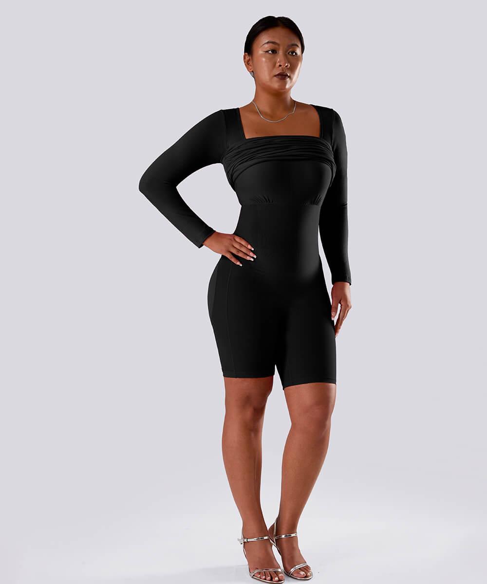 Ensfarget kjole med lange ermer og innebygd shapewear