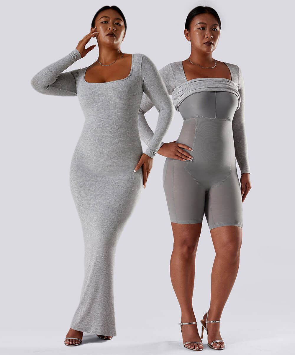 Ensfarget kjole med lange ermer og innebygd shapewear