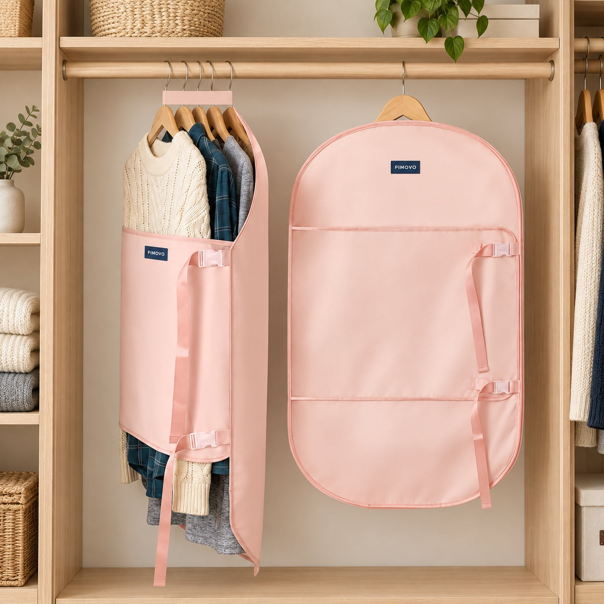 PIMOVO branding concept: pink satin wardrobe wraps with navy labels in a light oak wardrobe.