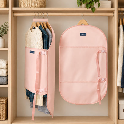PIMOVO branding concept: pink satin wardrobe wraps with navy labels in a light oak wardrobe.