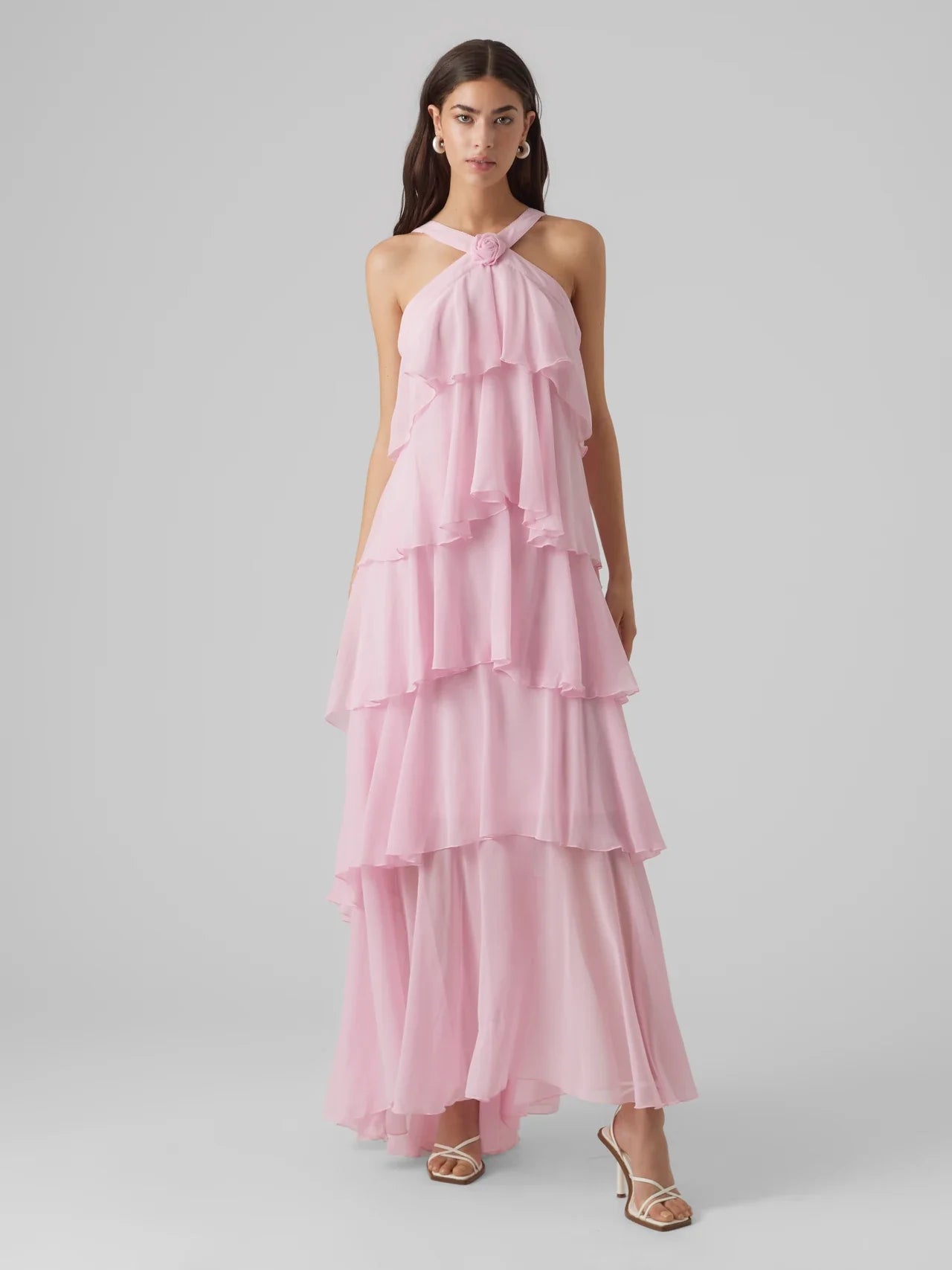 Maxikjole i chiffon med volanger