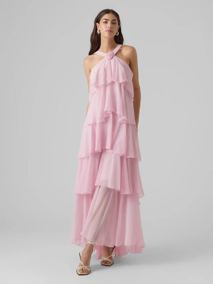 Maxikjole i chiffon med volanger