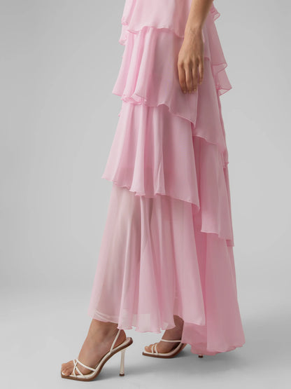 Maxikjole i chiffon med volanger