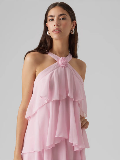 Maxikjole i chiffon med volanger