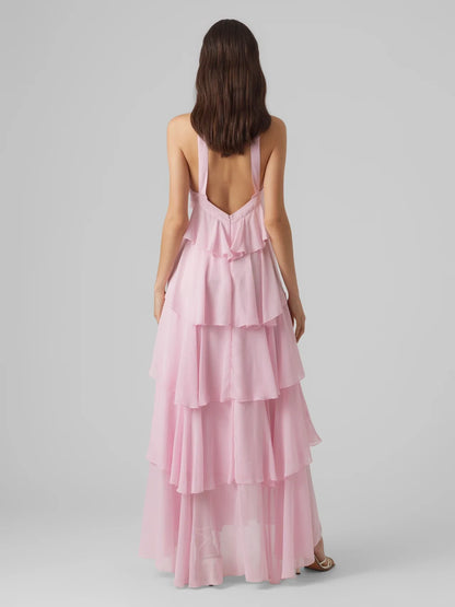 Maxikjole i chiffon med volanger