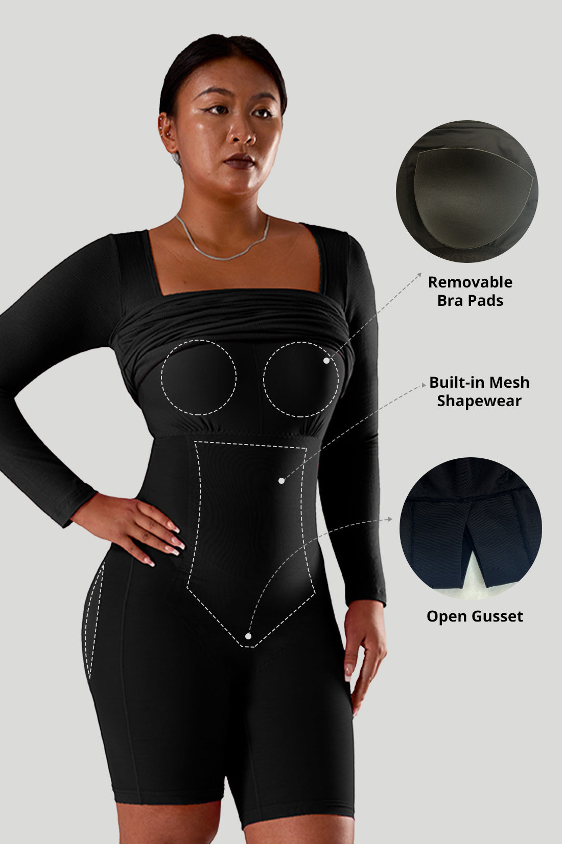 Ensfarget kjole med lange ermer og innebygd shapewear